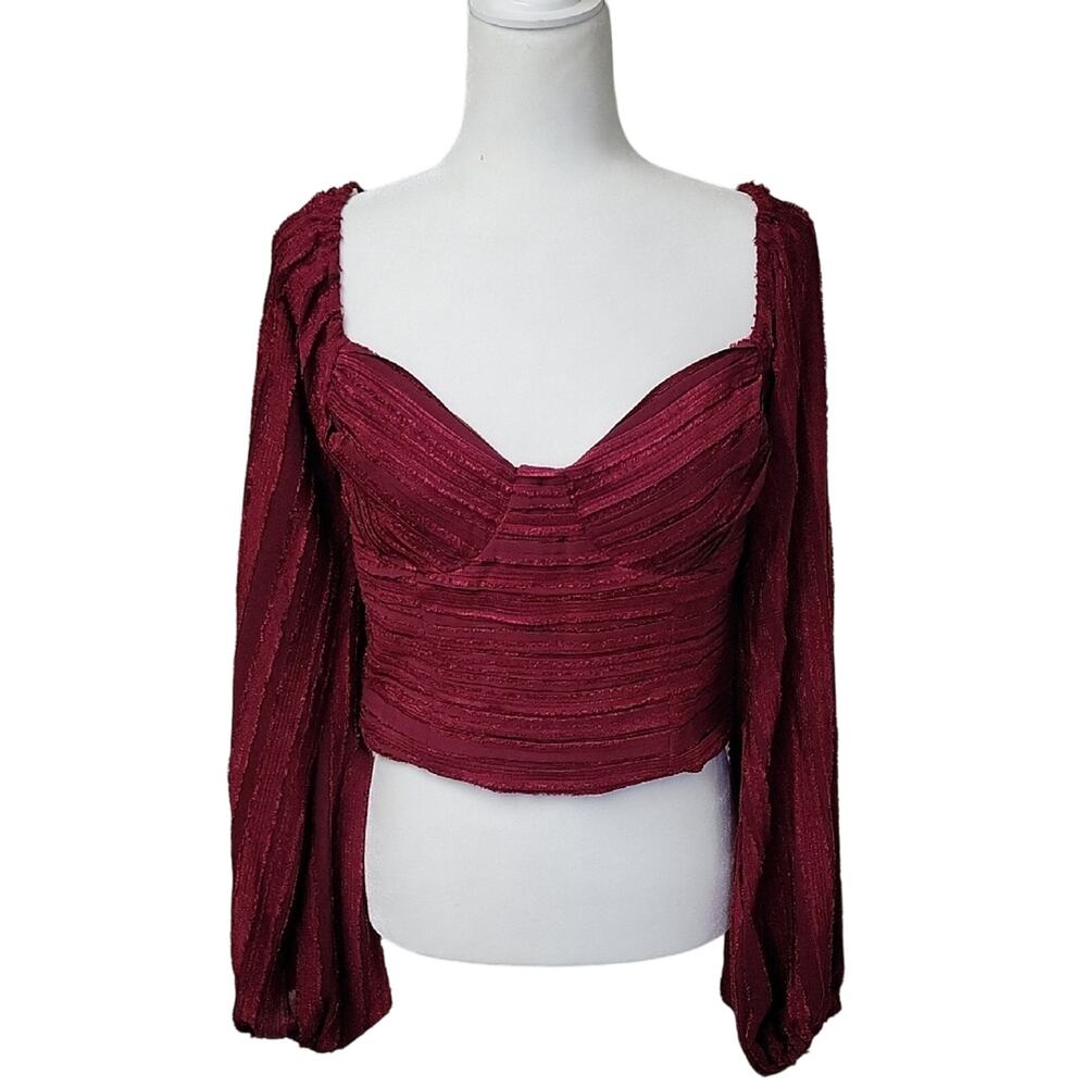 Lulu's Diva Details Wine Red Textured Pleated Long Sleeve Top  Womens Large NWT